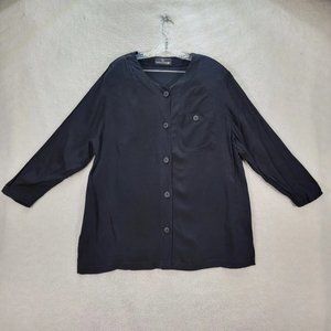 Vintage Carole Little Black V Neck 3/4 Sleeve Button Relaxed Tunic Top Blouse